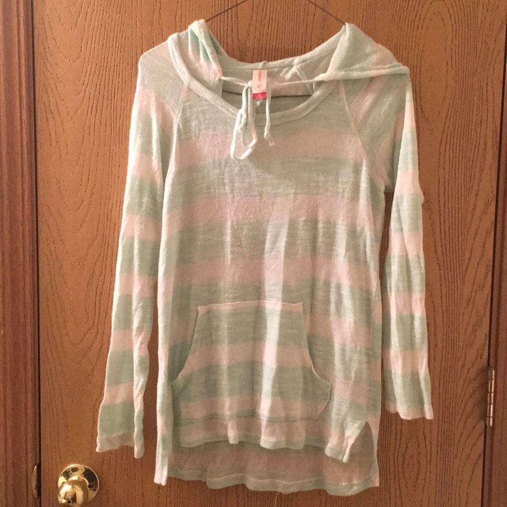 Striped mint and white hoodie.